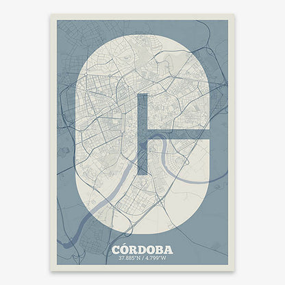 Decorative print of Cordoba composed with letters in a heavy geometric font printed on bluish gray and an off-white background