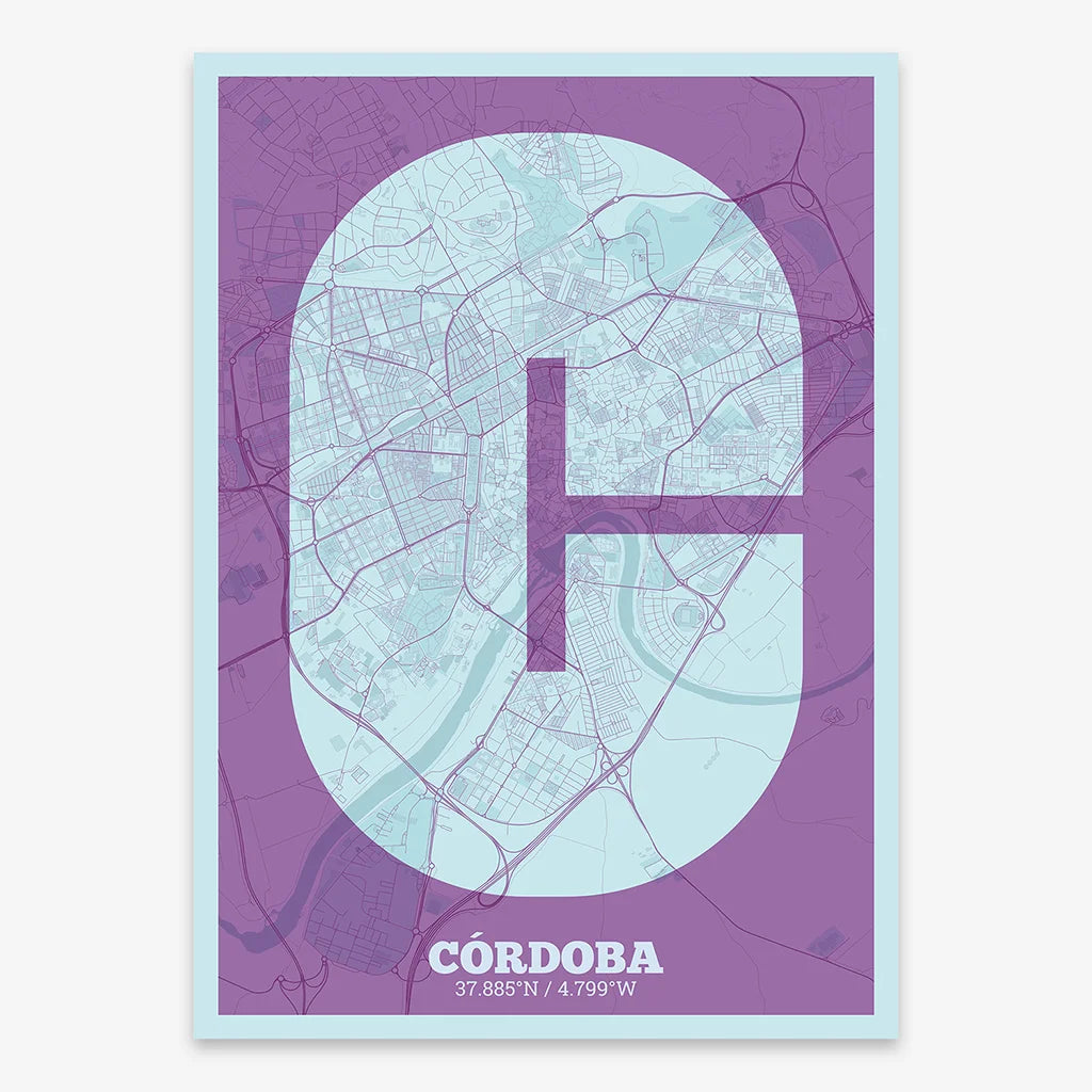 Decorative print of Cordoba composed with letters in a heavy geometric font printed on purple and light blue