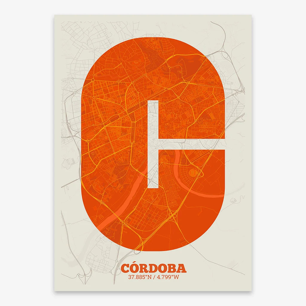 Decorative print of Cordoba composed with letters in a heavy geometric font printed on orange and an off-white background