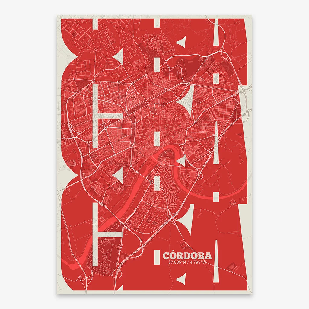 Poster of Cordoba composed with letters from its abbreviation or its airport IATA code printed on red and an off-white background