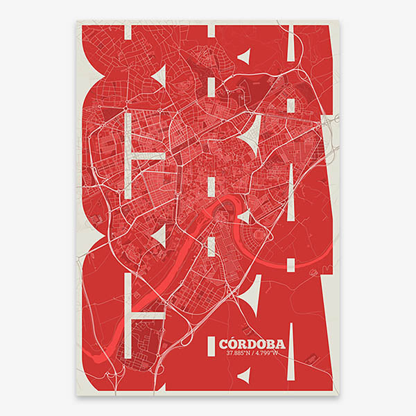 Poster of Cordoba composed with letters from its abbreviation or its airport IATA code printed on red and an off-white background