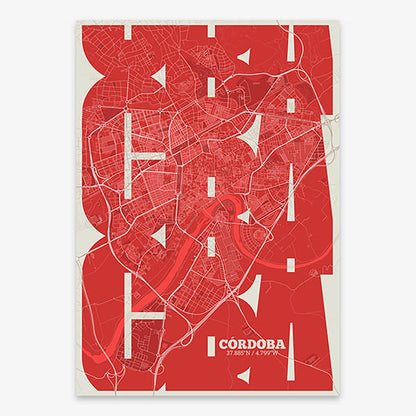 Poster of Cordoba composed with letters from its abbreviation or its airport IATA code printed on red and an off-white background