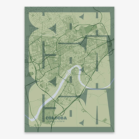 Poster of Cordoba composed with letters from its abbreviation or its airport IATA code printed on two green tones