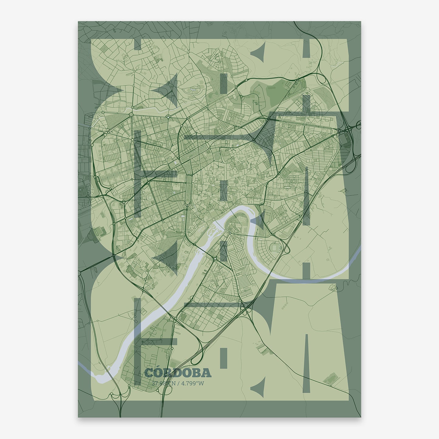 The map of Cordoba composed with letters from its name or IATA code printed on two green tones