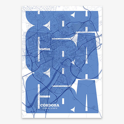Poster of Cordoba composed with letters from its abbreviation or its airport IATA code printed on navy blue and white