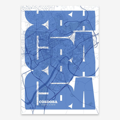 The map of Cordoba composed with letters from its name or IATA code printed on navy blue and white