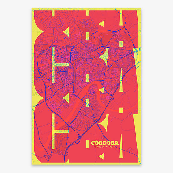 Poster of Cordoba composed with letters from its abbreviation or its airport IATA code printed on yellow and fuchsia