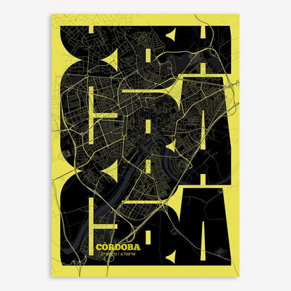 The map of Cordoba composed with letters from its name or IATA code printed on black and yellow