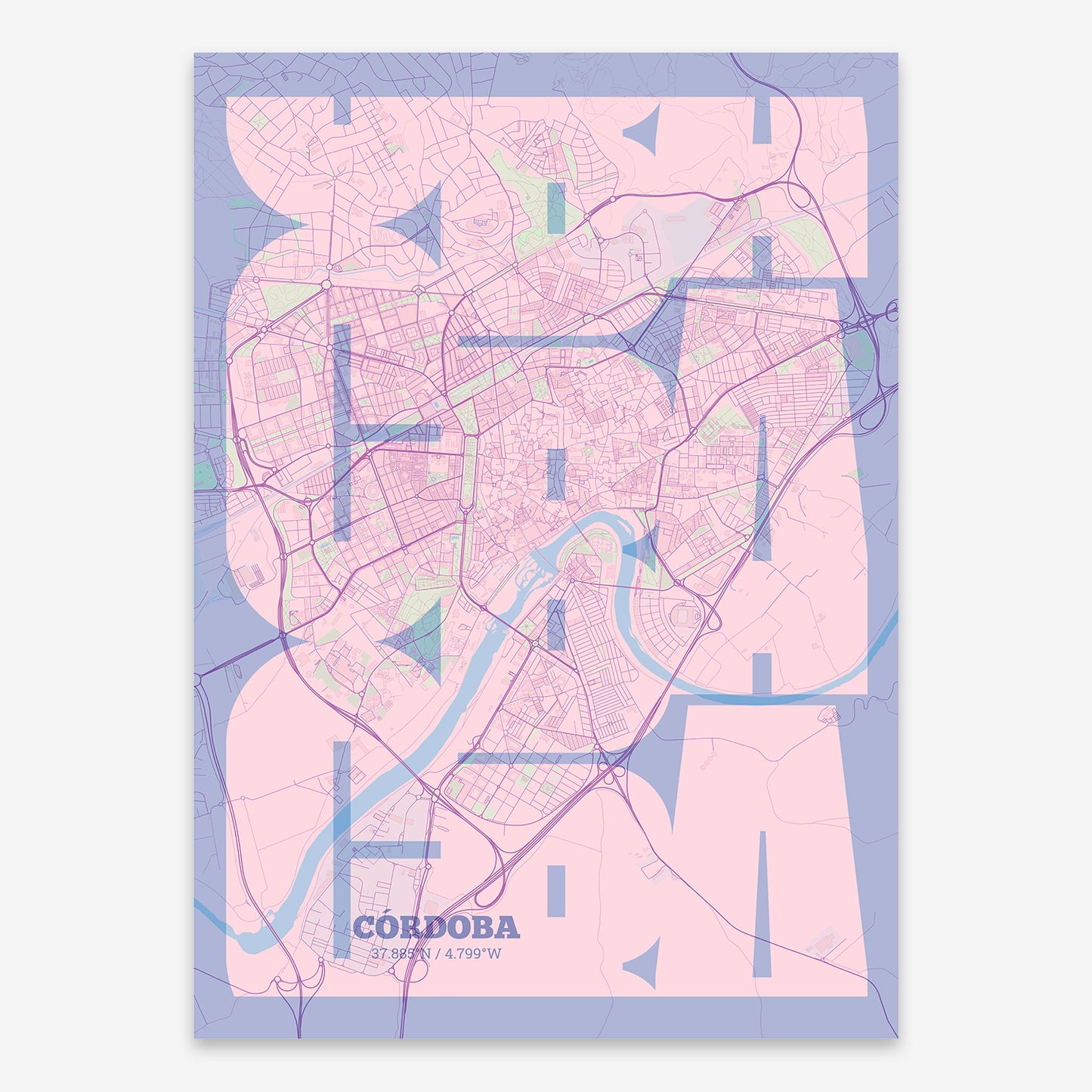 The map of Cordoba composed with letters from its name or IATA code printed on pink and light blue