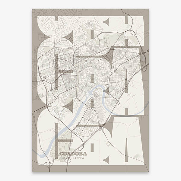 Poster of Cordoba composed with letters from its abbreviation or its airport IATA code printed on light brown and an off-white background