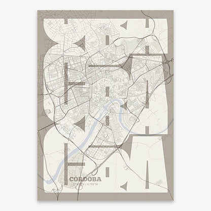 Poster of Cordoba composed with letters from its abbreviation or its airport IATA code printed on light brown and an off-white background