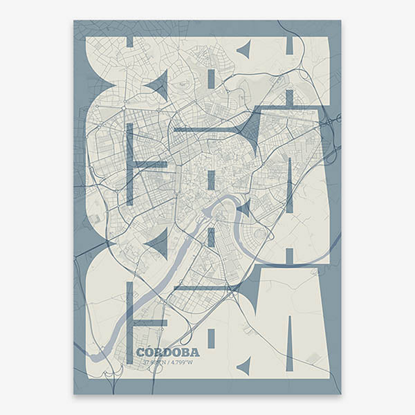 Poster of Cordoba composed with letters from its abbreviation or its airport IATA code printed on bluish gray and an off-white background