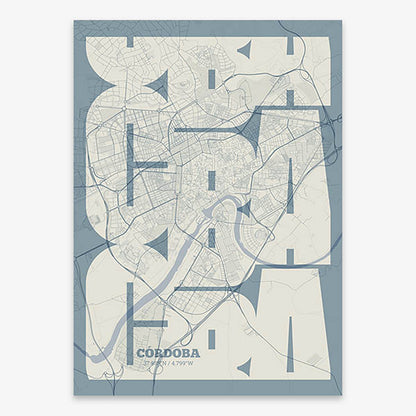 Poster of Cordoba composed with letters from its abbreviation or its airport IATA code printed on bluish gray and an off-white background