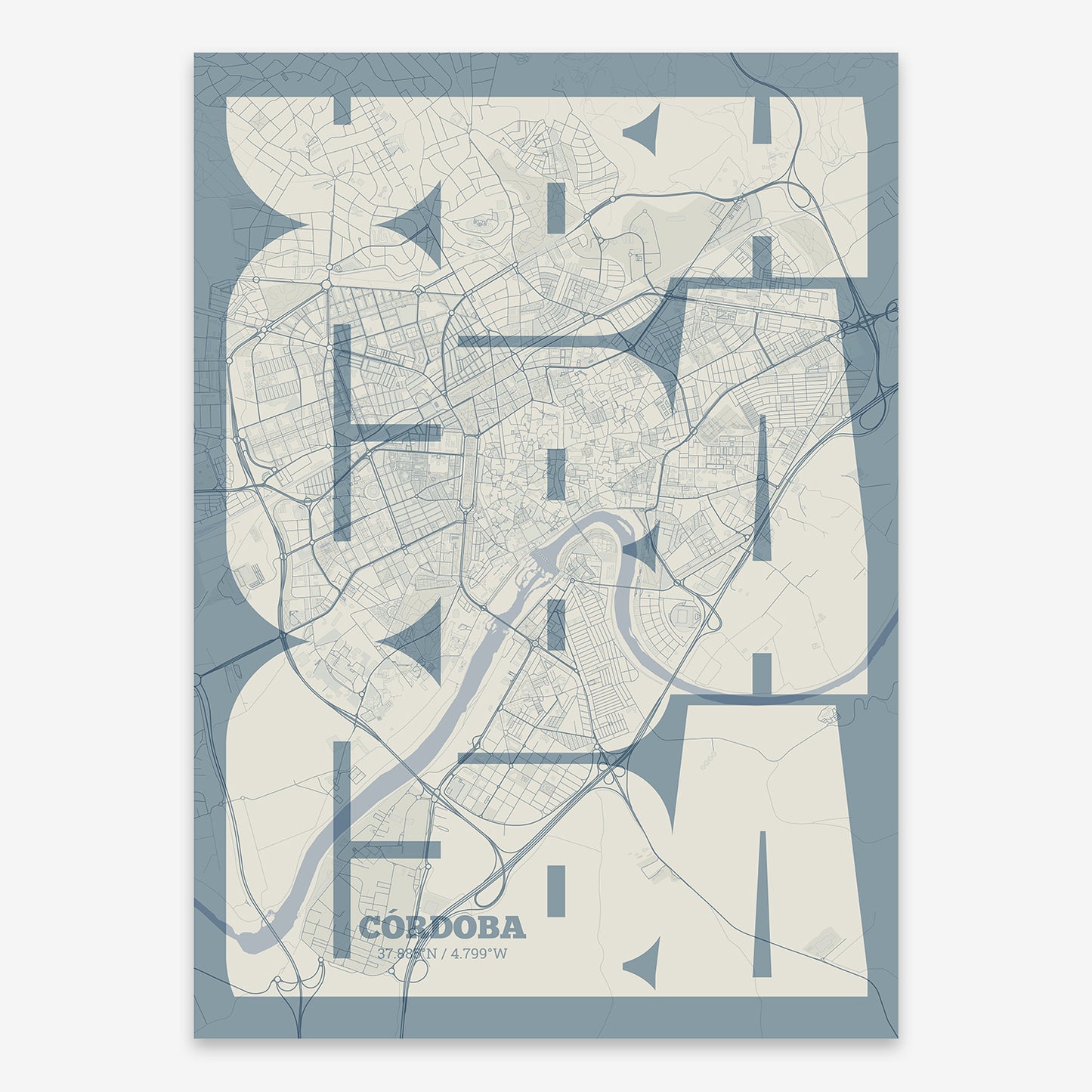 The map of Cordoba composed with letters from its name or IATA code printed on bluish gray and an off-white background