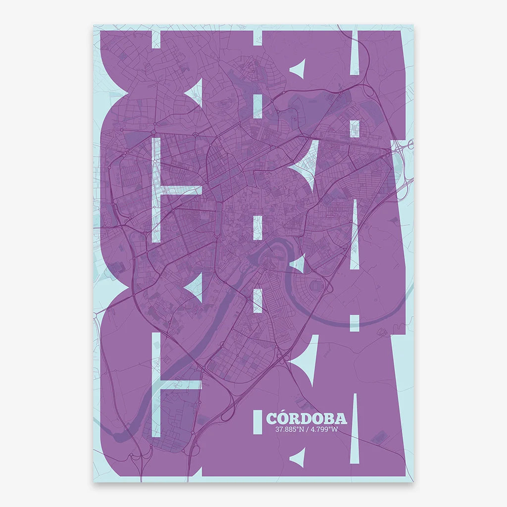 Poster of Cordoba composed with letters from its abbreviation or its airport IATA code printed on purple and light blue