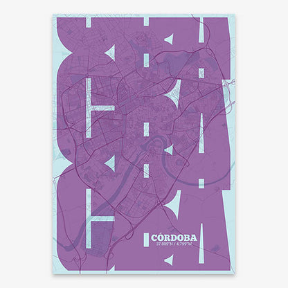 Poster of Cordoba composed with letters from its abbreviation or its airport IATA code printed on purple and light blue