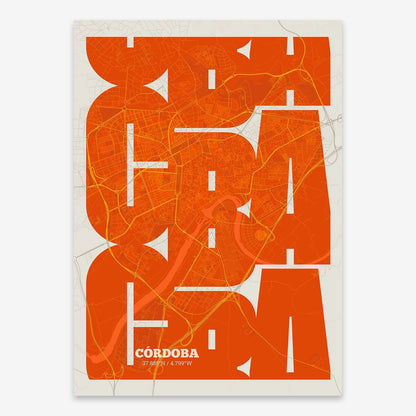 The map of Cordoba composed with letters from its name or IATA code printed on orange and an off-white background