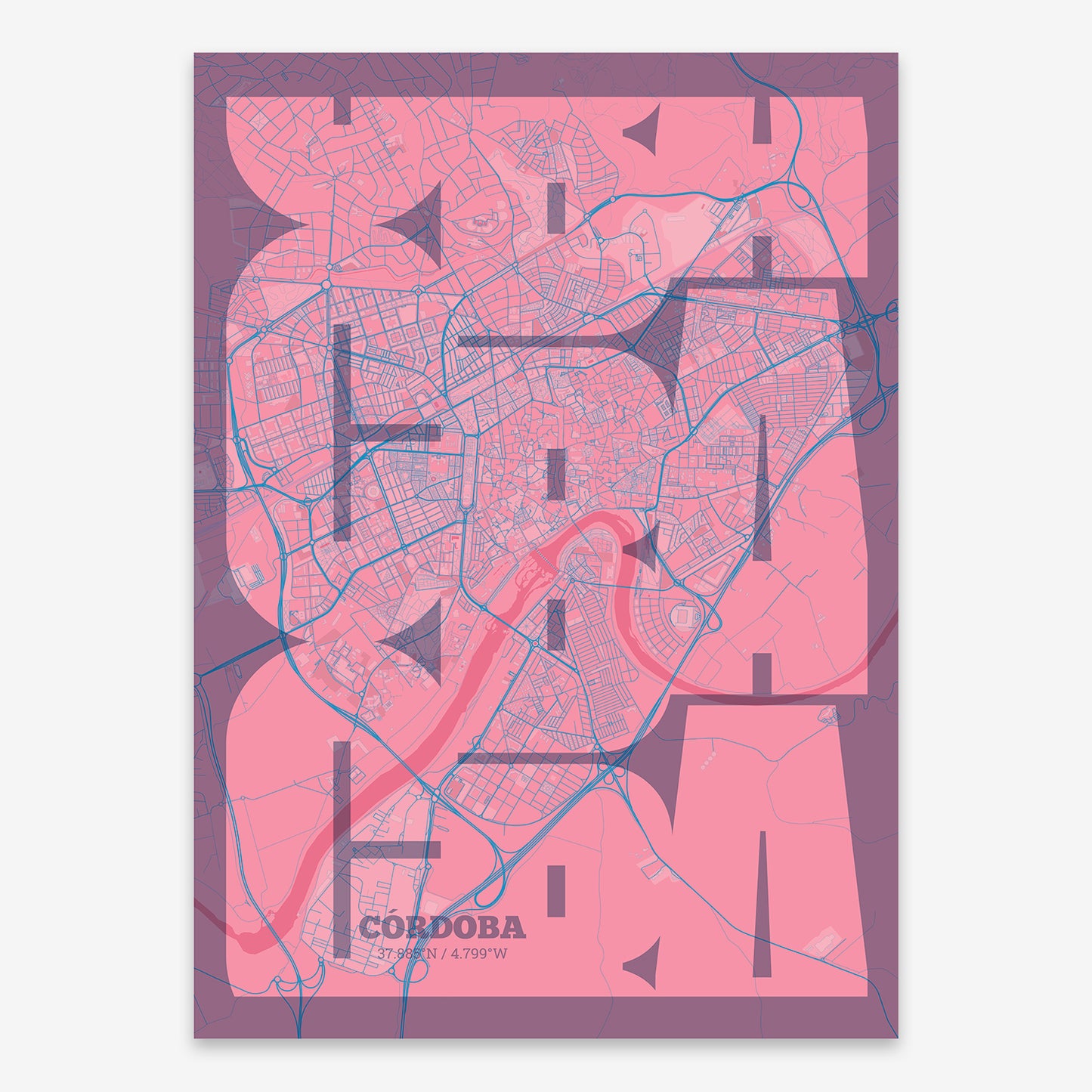 The map of Cordoba composed with letters from its name or IATA code printed on violet y pink background