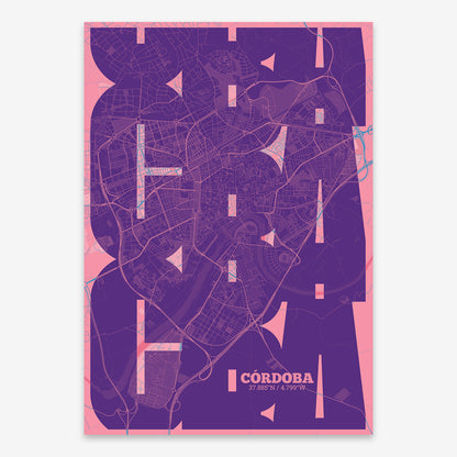 The map of Cordoba composed with letters from its name or IATA code printed on violet y pink background