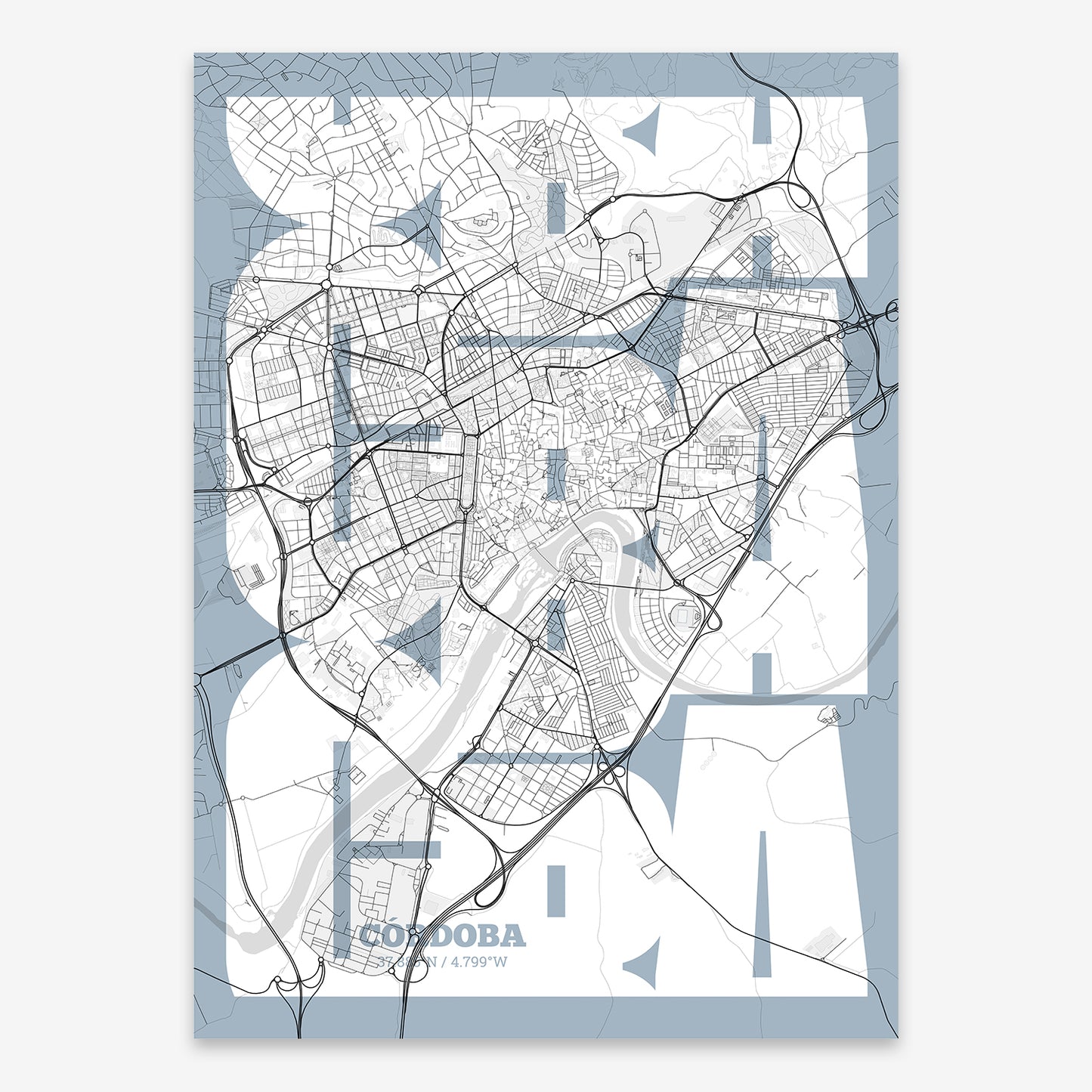 The map of Cordoba composed with letters from its name or IATA code printed on black and white