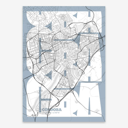 The map of Cordoba composed with letters from its name or IATA code printed on black and white