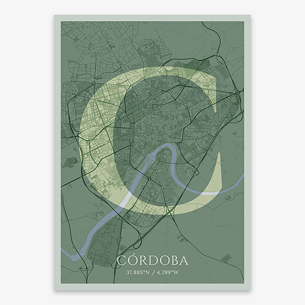 Decorative map of Cordoba composed with letters in serif font printed on two green tones