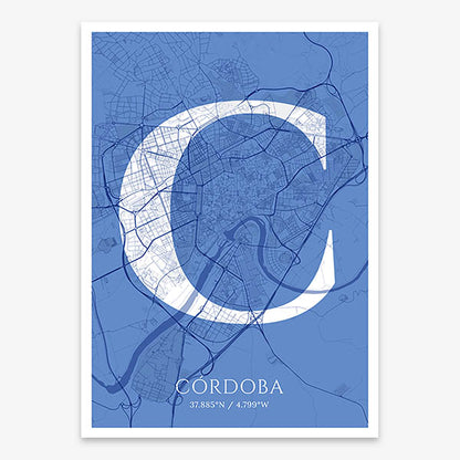 Decorative map of Cordoba composed with letters in serif font printed on navy blue and white