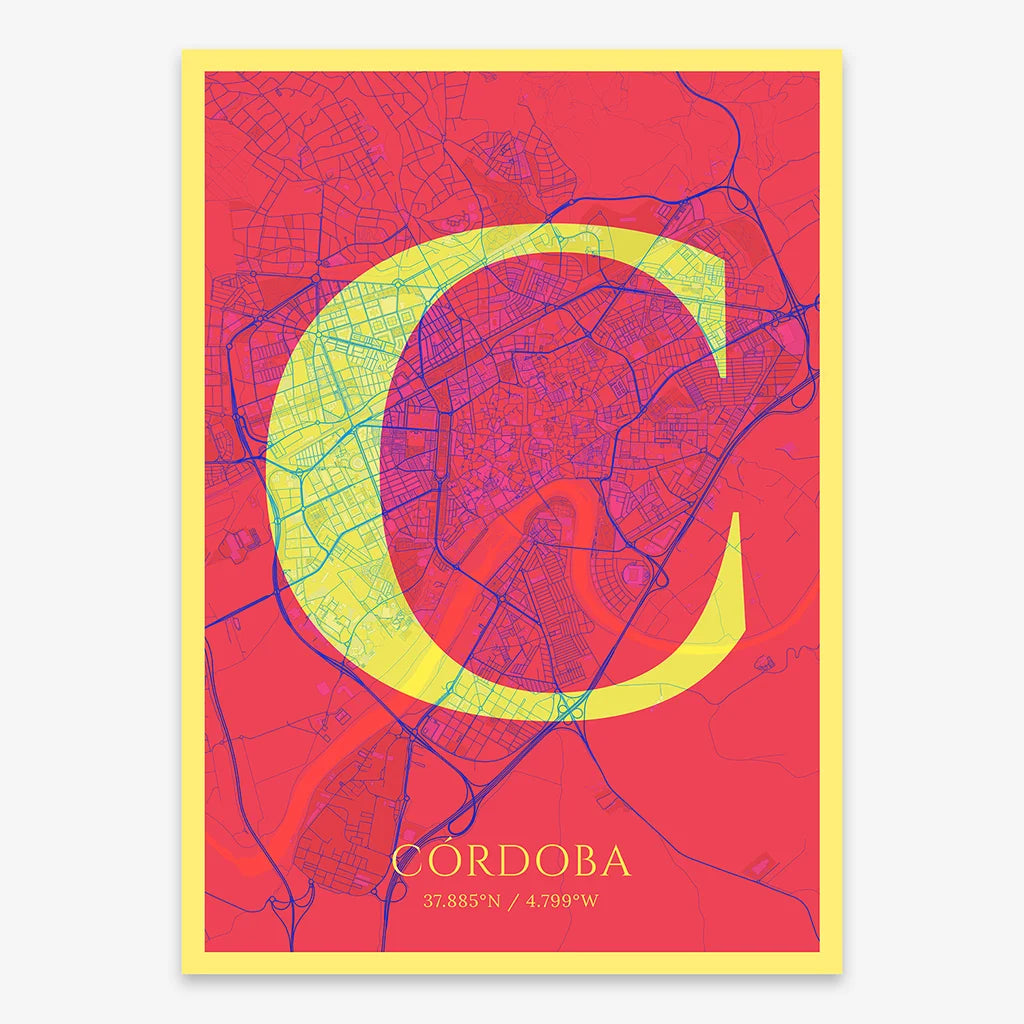 Decorative map of Cordoba composed with letters in serif font printed on yellow and fuchsia