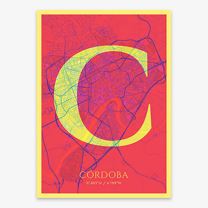 Decorative map of Cordoba composed with letters in serif font printed on yellow and fuchsia
