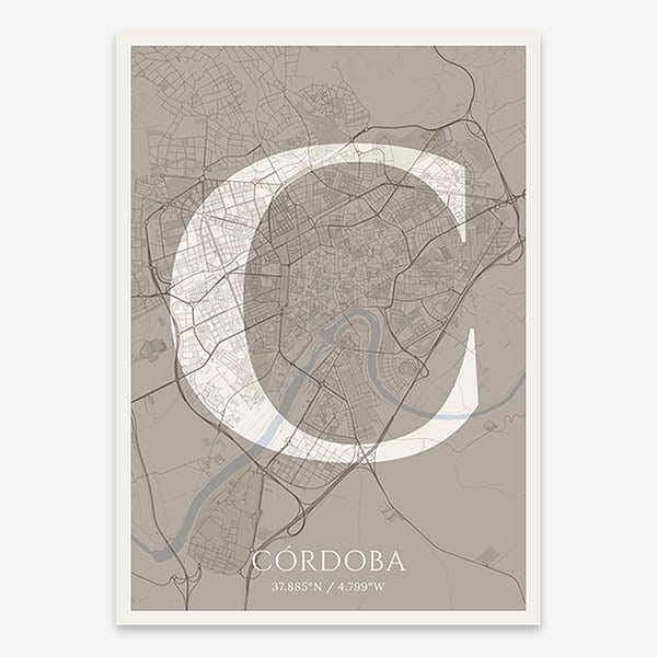 Decorative map of Cordoba composed with letters in serif font printed on light brown and an off-white background