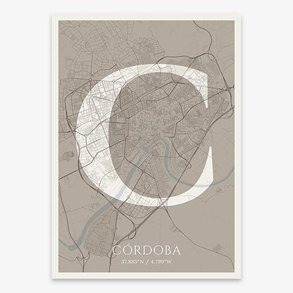 Decorative map of Cordoba composed with letters in serif font printed on light brown and an off-white background