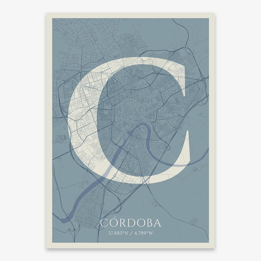 Decorative map of Cordoba composed with letters in serif font printed on bluish gray and an off-white background