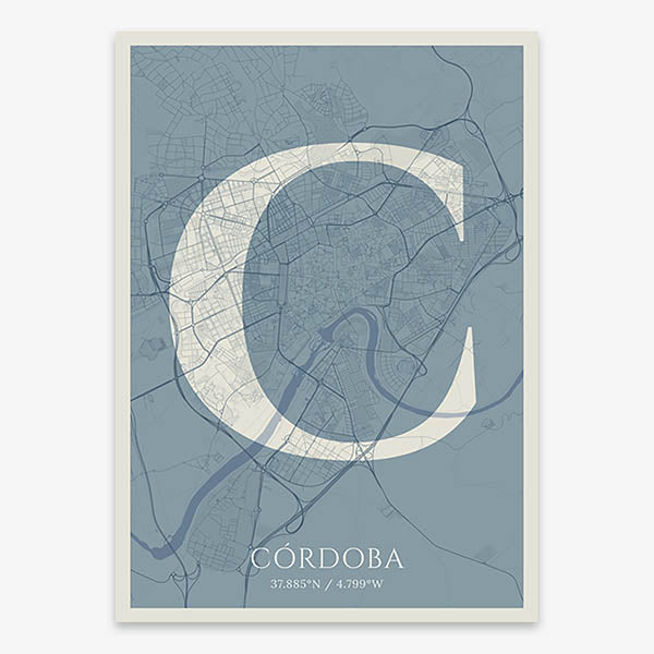 Decorative map of Cordoba composed with letters in serif font printed on bluish gray and an off-white background