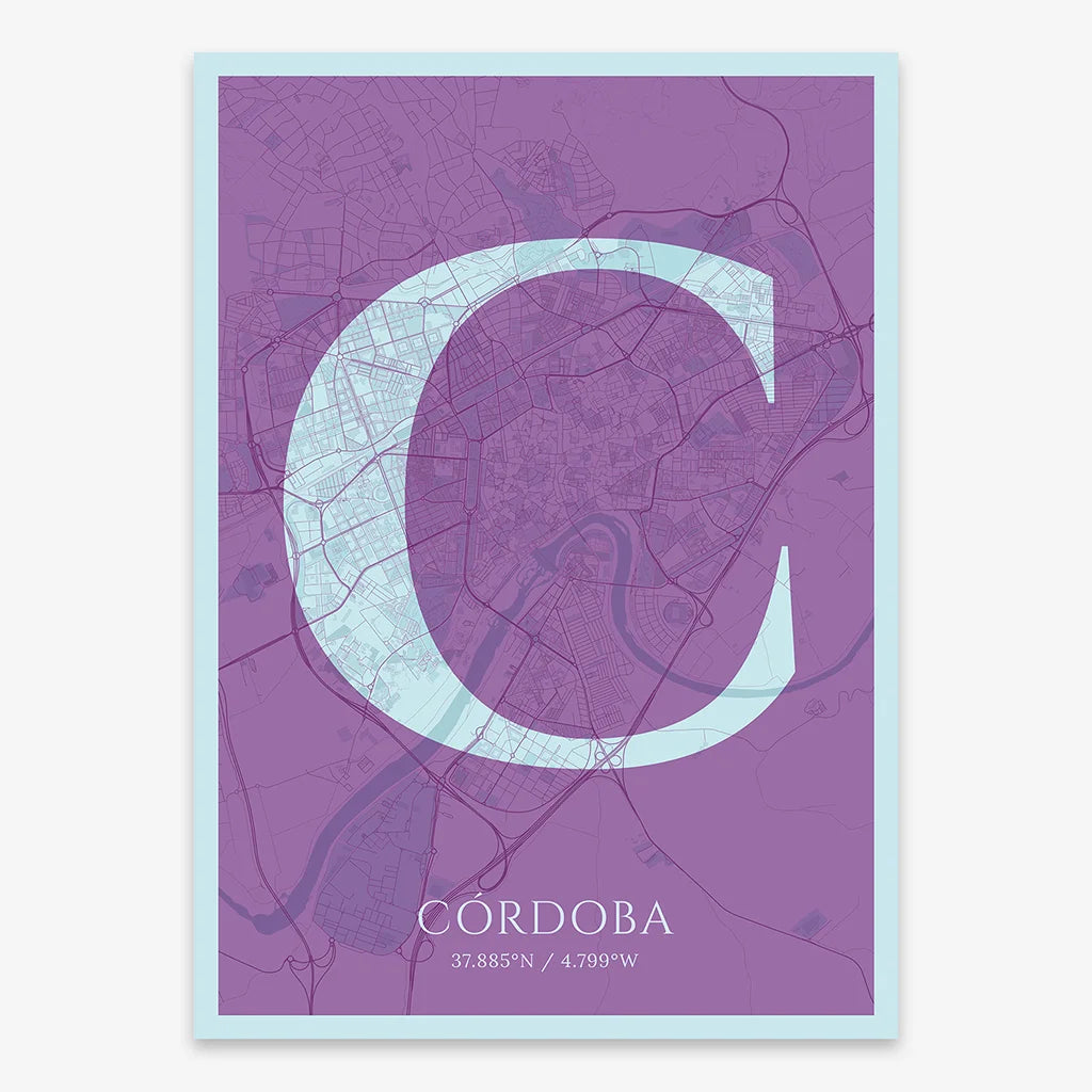 Decorative map of Cordoba composed with letters in serif font printed on purple and light blue
