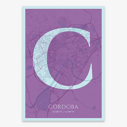 Decorative map of Cordoba composed with letters in serif font printed on purple and light blue