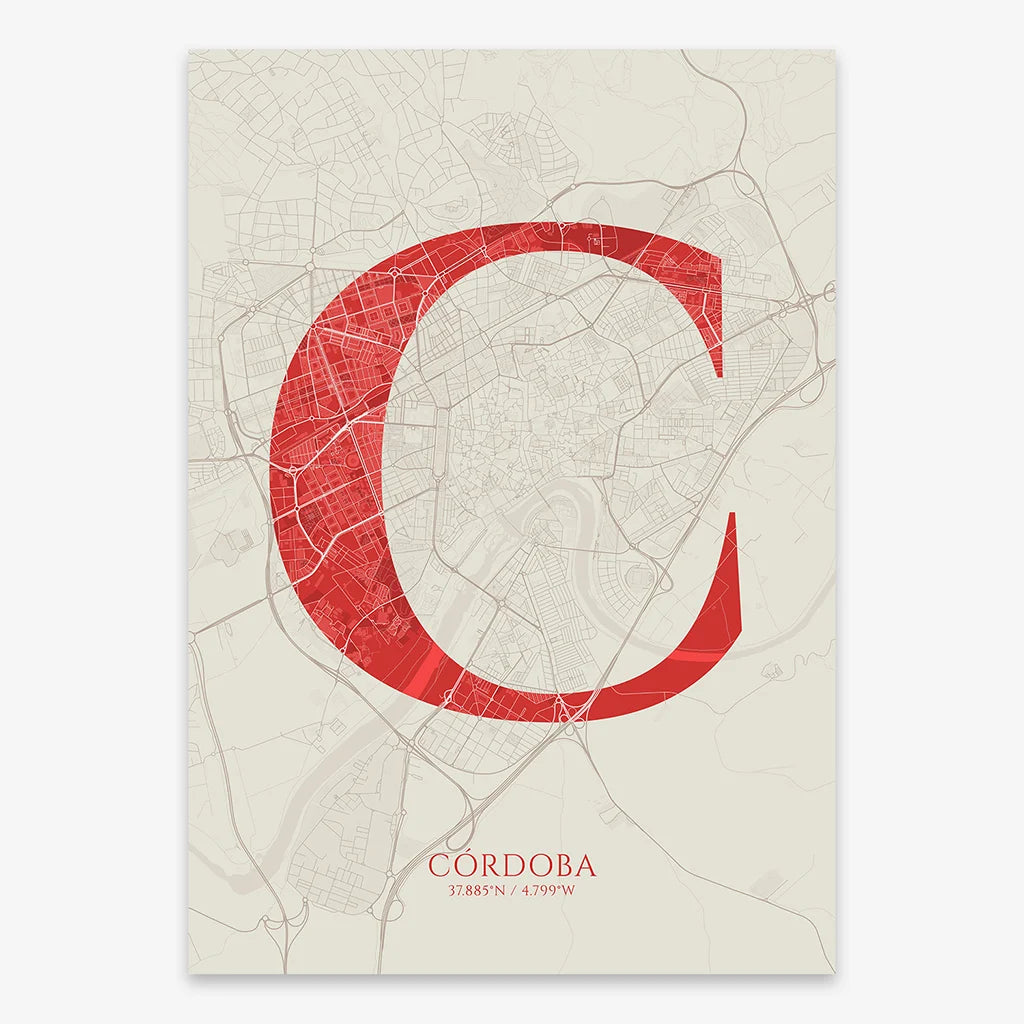 Decorative map of Cordoba composed with letters in serif font printed on red and an off-white background