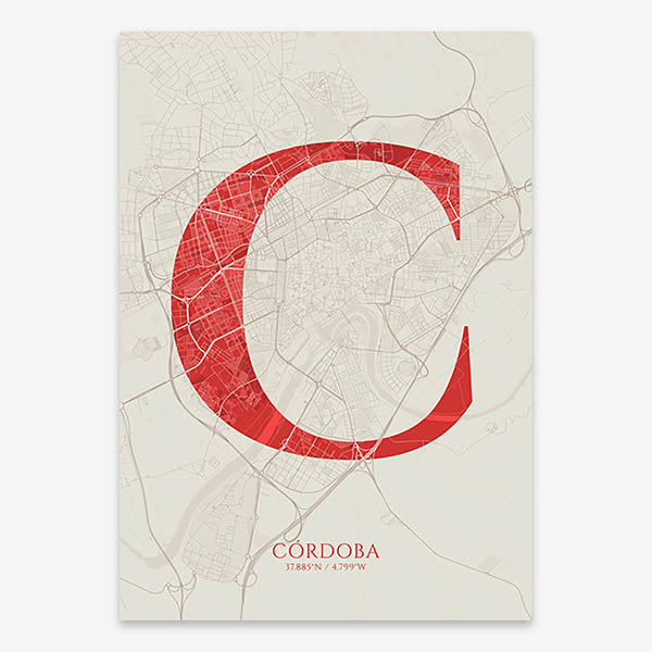 Decorative map of Cordoba composed with letters in serif font printed on red and an off-white background