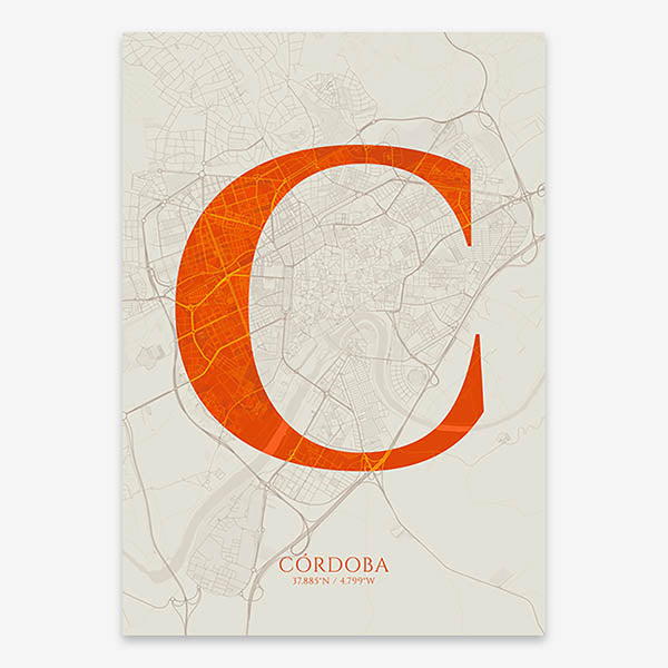 Decorative map of Cordoba composed with letters in serif font printed on orange and an off-white background