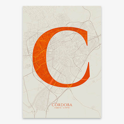 Decorative map of Cordoba composed with letters in serif font printed on orange and an off-white background