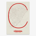 Poster of Cordoba composed with letters in extra light font printed on red and an off-white background