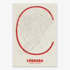 Poster of Cordoba composed with letters in extra light font printed on red and an off-white background