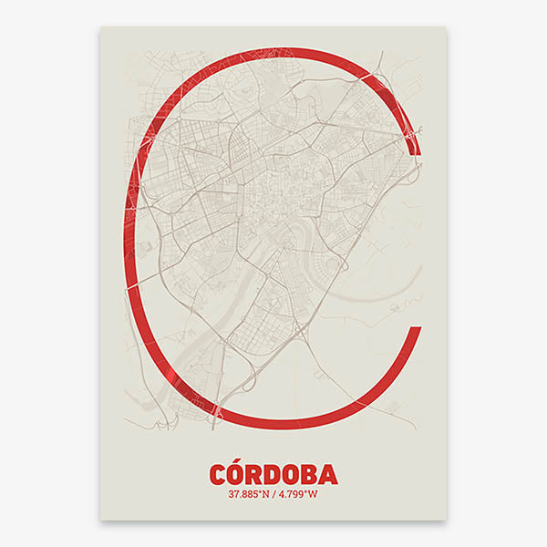 Poster of Cordoba composed with letters in extra light font printed on red and an off-white background