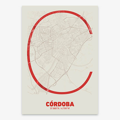 Poster of Cordoba composed with letters in extra light font printed on red and an off-white background