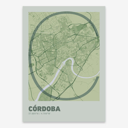 The map of Cordoba composed with letters in extra light font printed on two green tones