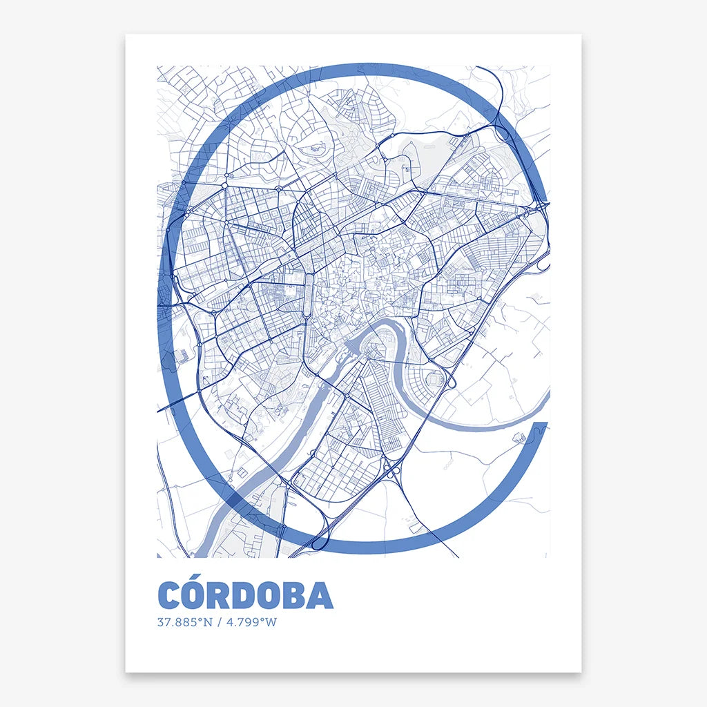 Poster of Cordoba composed with letters in extra light font printed on navy blue and white
