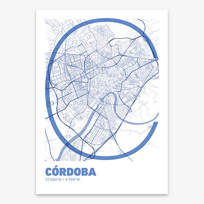Poster of Cordoba composed with letters in extra light font printed on navy blue and white