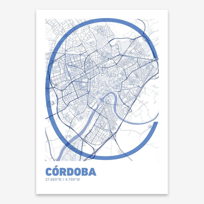 The map of Cordoba composed with letters in extra light font printed on navy blue and white