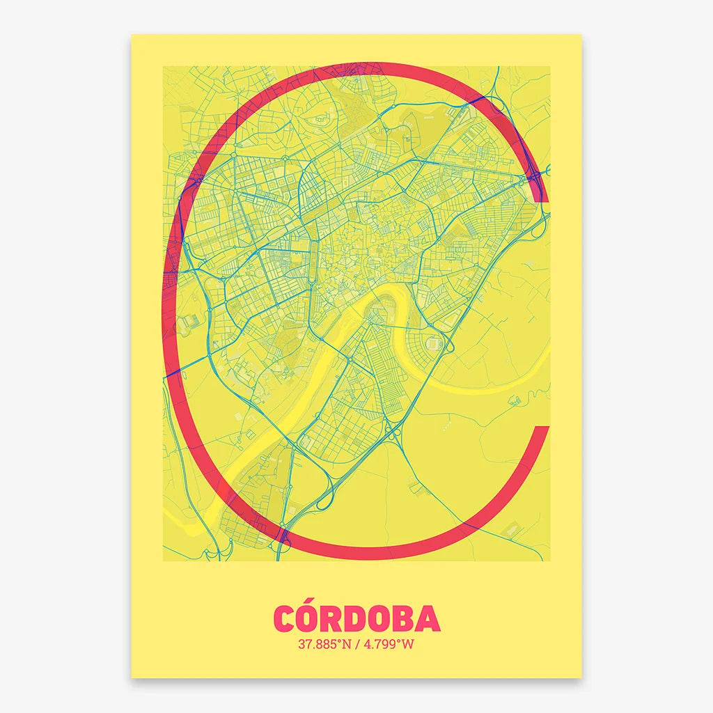 Poster of Cordoba composed with letters in extra light font printed on yellow and fuchsia