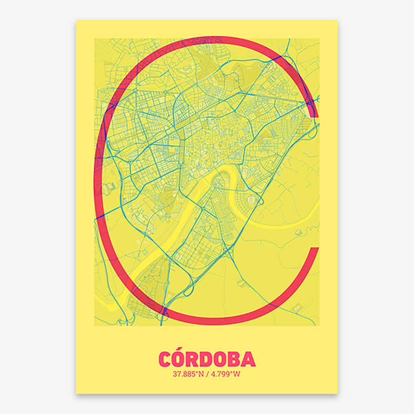 Poster of Cordoba composed with letters in extra light font printed on yellow and fuchsia