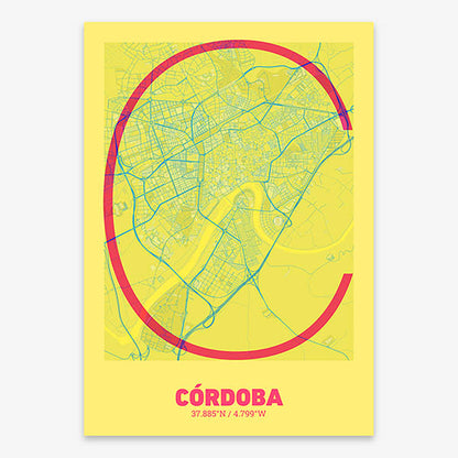 Poster of Cordoba composed with letters in extra light font printed on yellow and fuchsia